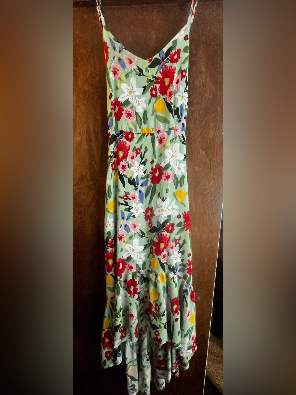 Adorable Vibrant Floral High Low dress with tie back with elastic. M